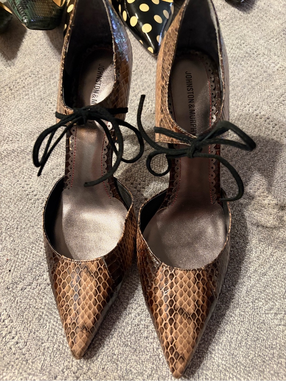 Johnston & Murphy Brown Snake-Print Pointed Toe Lace-Up Heels